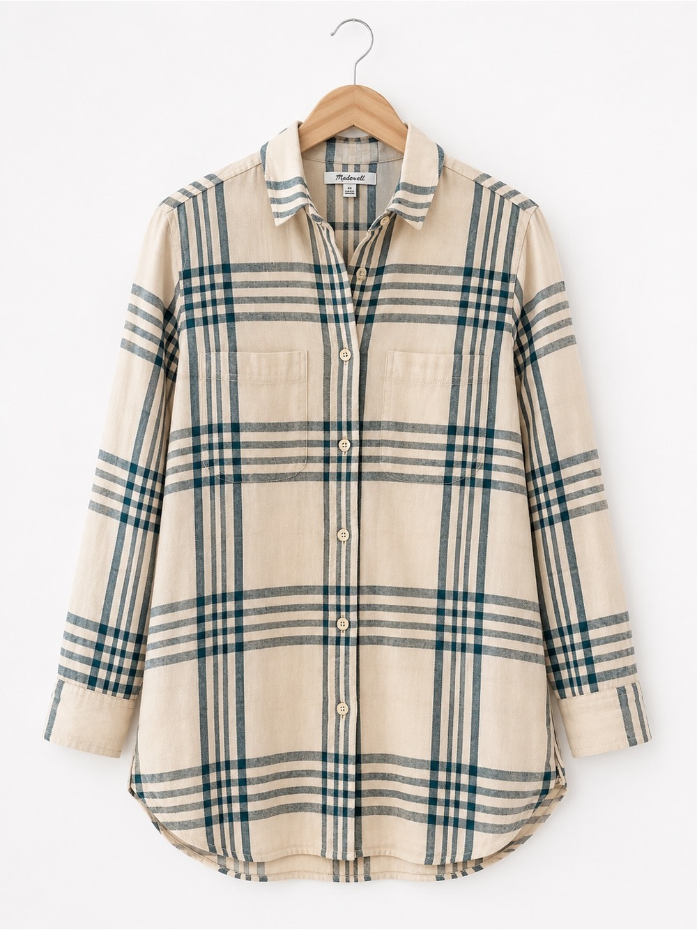 Madewell Oversized Windowpane Flannel Button-Up Shirt XS Cream Blue